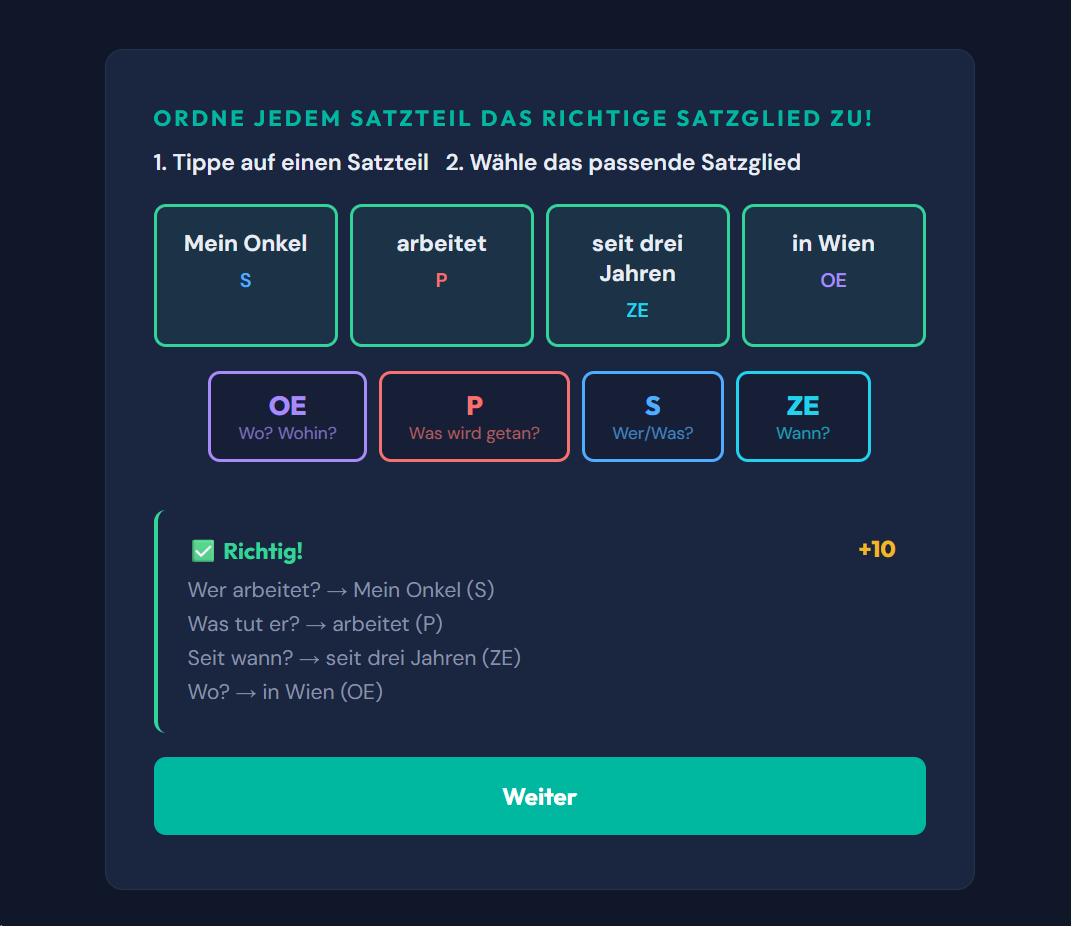 Beispiel-Aufgabe Satzglieder: S, P, OE, ZE