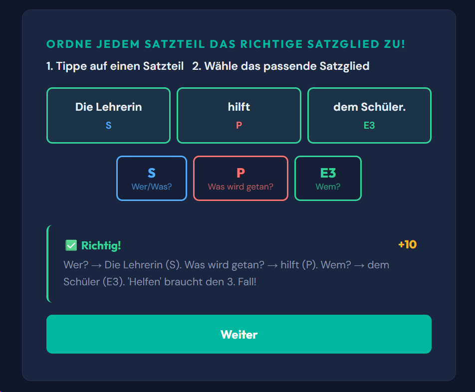 Beispiel-Aufgabe Satzglieder zuordnen