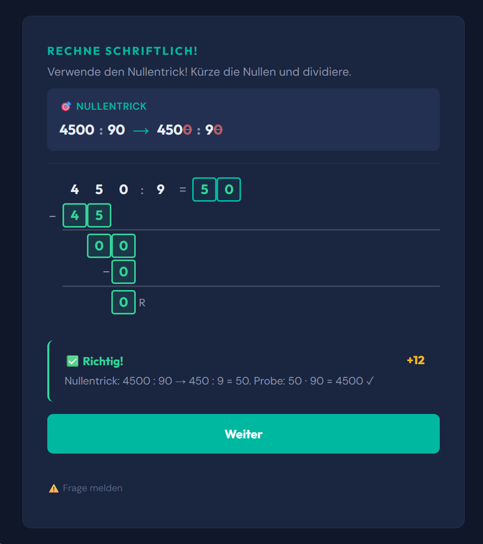 Beispiel-Aufgabe Schriftlich dividieren - durch Zehner (Langform)