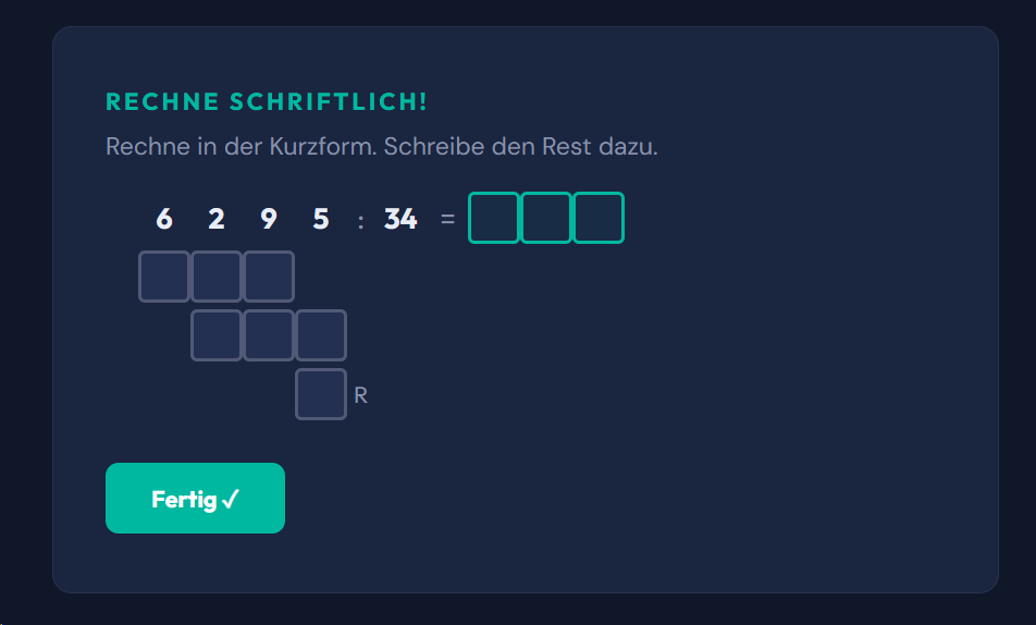 Beispiel-Aufgabe Schriftlich dividieren - Kurzform (zweistellig)