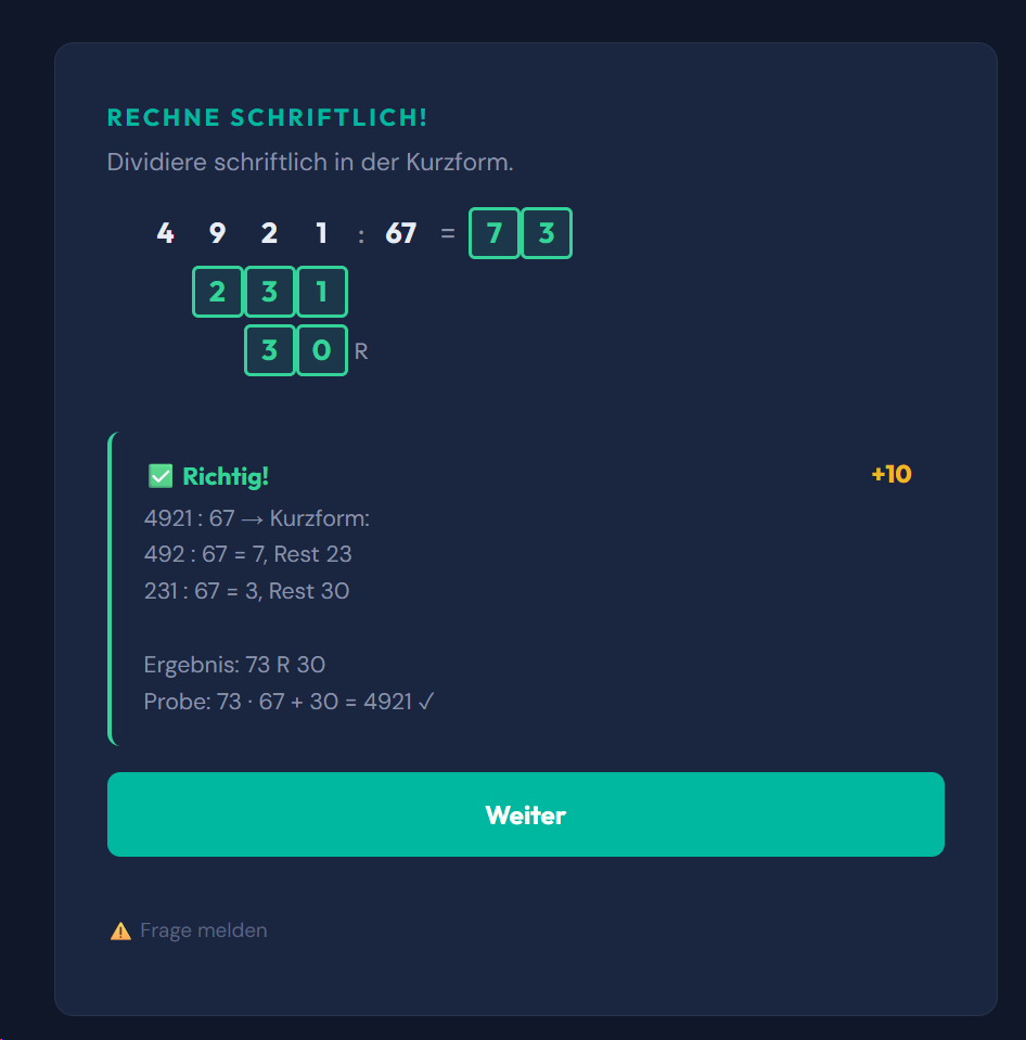 Beispiel-Aufgabe Schriftlich dividieren - Kurzform (zweistellig)