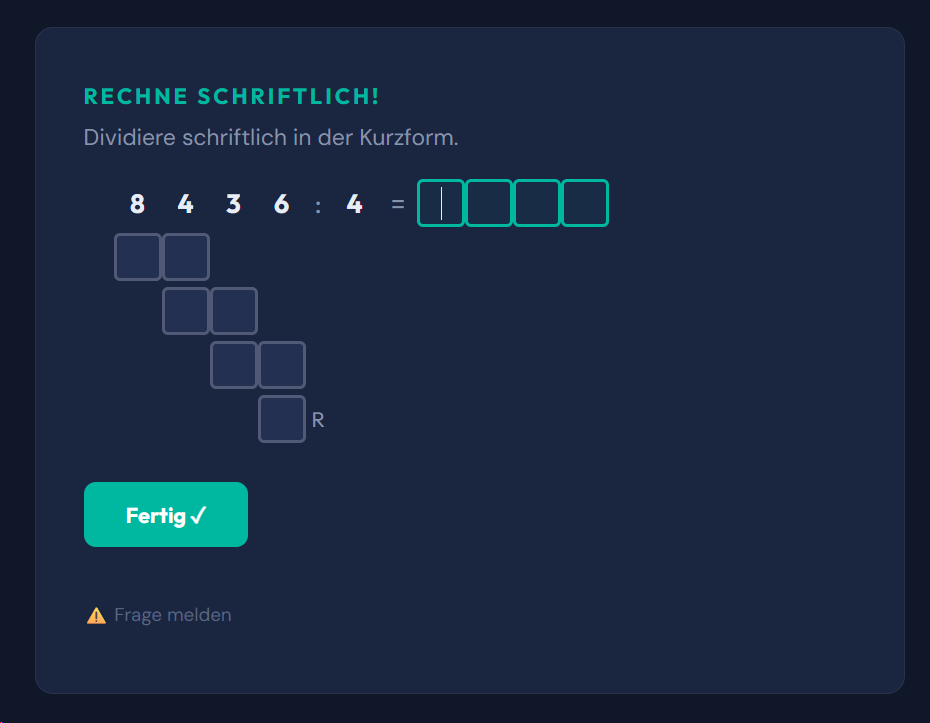 Beispiel-Aufgabe Schriftlich dividieren - durch einstellige Zahlen (Kurzform)