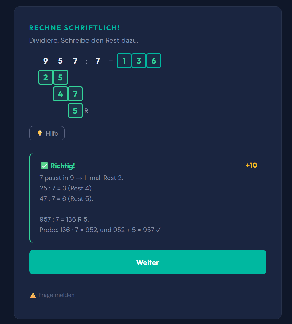 Beispiel-Aufgabe Schriftlich dividieren - durch einstellige Zahlen (Kurzform)